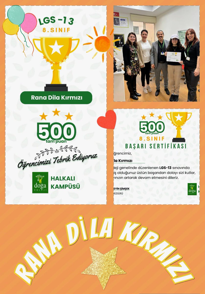 LGS-13’te 500 tam puan yapan öğrencimiz Rana Dila Kırmızı’yı tebrik ediyor, başarılarının devamını diliyoruz! 🙏🎉
#DoğaKoleji #Başarı #LGS #Gurur
