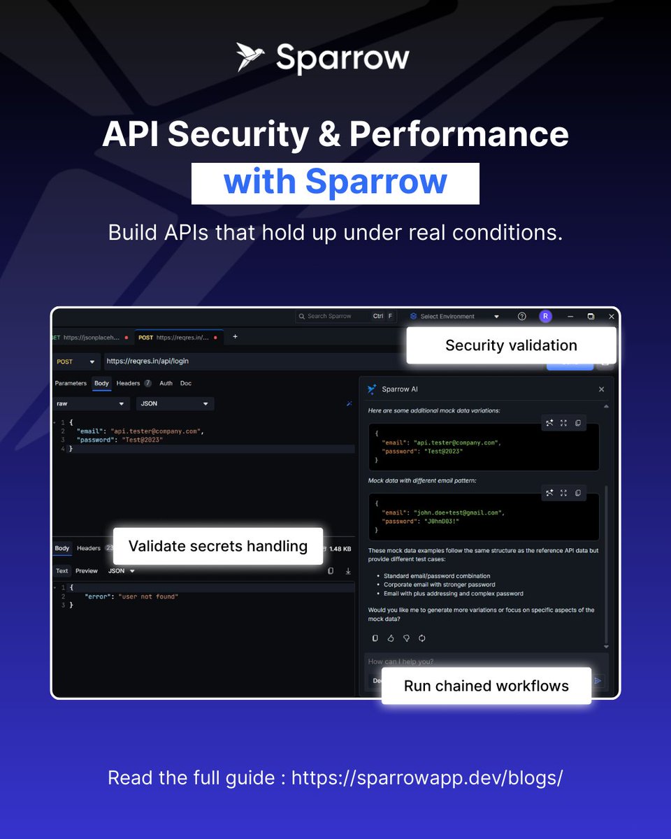 Sparrow_API's tweet image. #Security &amp;amp; speed are non-negotiable for #APIs.

See how Sparrow helps you test authentication, SSL/TLS, simulate attacks, and measure real performance — all in one smooth workflow. 🔐

👉 Want your APIs bullet-proof and fast? Read the full guide — sparrowapp.dev/blogs/api-secu…