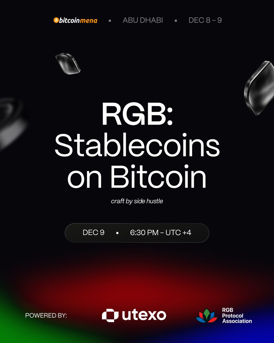 🇦🇪 <a href="/utexocom/">UTEXO</a> and <a href="/RGBAssociation/">RGB Protocol Association</a> are hosting a side event in Abu Dhabi on Stablecoins on #Bitcoin.

<a href="/VIhnatiuk/">Viktor Ihnatiuk</a> founder of Boosty Labs and now CEO of UTEXO will be there as well.

A good chance to meet people building around Bitcoin, RGB, and stablecoin infra.

📍 Craft by