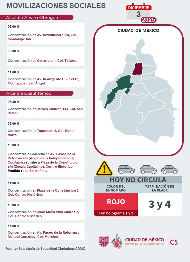 C5_CDMX's tweet photo. ⚠🗓 #ENTÉRATE | Para hoy, 3 de diciembre 2025, estas son las movilizaciones sociales previstas en la Ciudad de México. 

 #MovilidadCDMX #C5OjosDeLaCDMX 👀 #C5CorazónDeLaCDMX #OjosDeLaCiudad https://t.co/utScGWkUil
