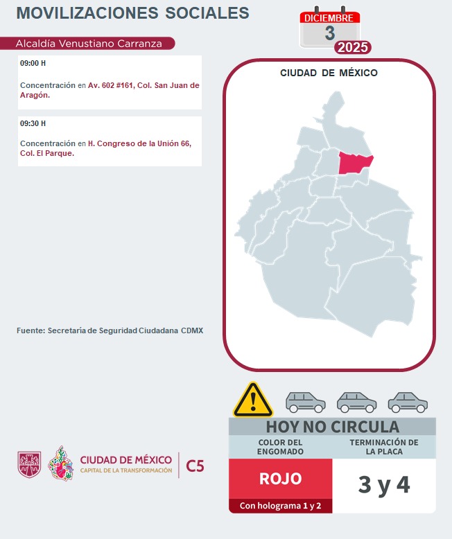C5_CDMX's tweet photo. ⚠🗓 #ENTÉRATE | Para hoy, 3 de diciembre 2025, estas son las movilizaciones sociales previstas en la Ciudad de México. 

 #MovilidadCDMX #C5OjosDeLaCDMX 👀 #C5CorazónDeLaCDMX #OjosDeLaCiudad https://t.co/utScGWkUil