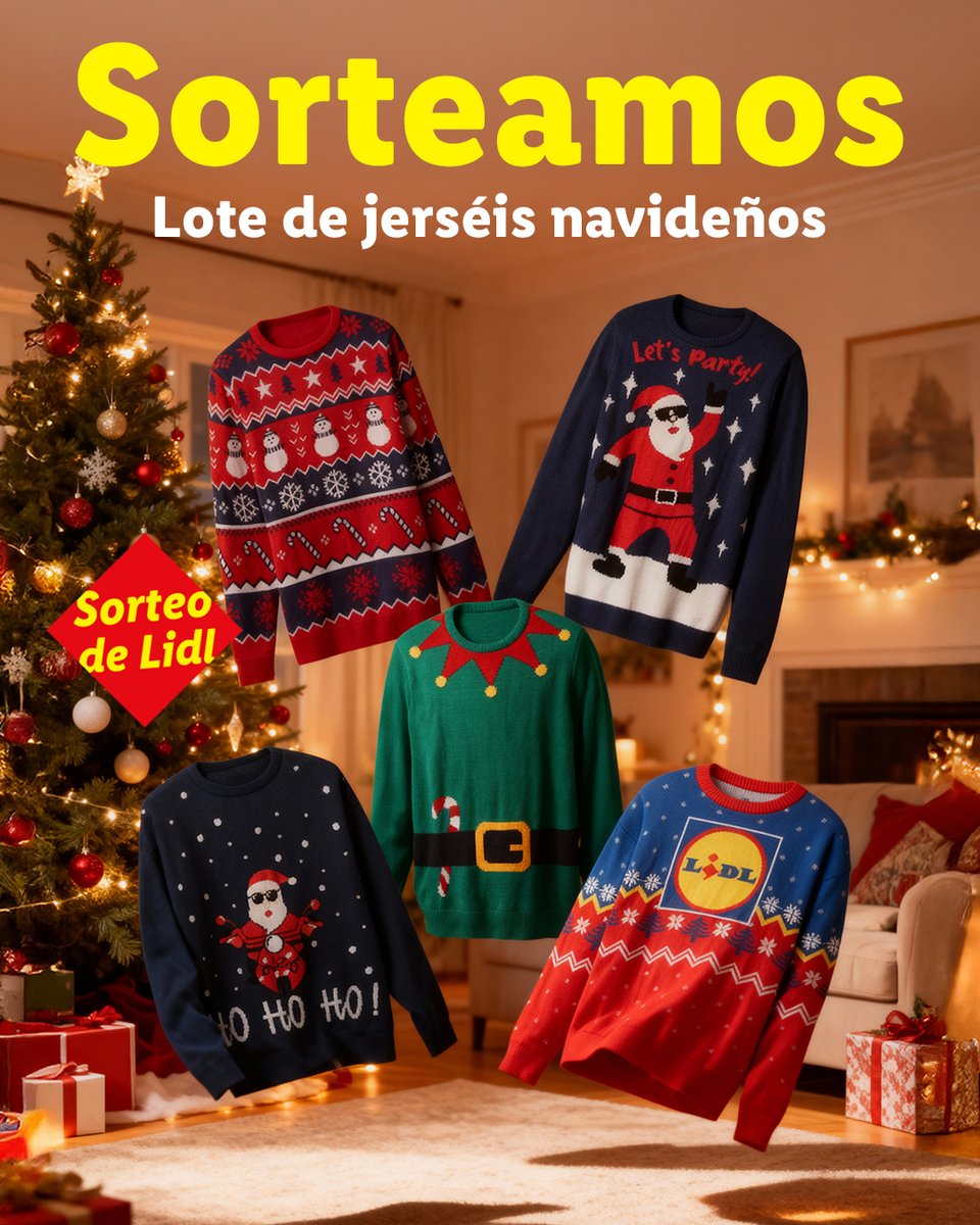 🎄 ¡SORTEO! 🎄

La Navidad se acerca y este año puedes recibirla luciendo un look la mar de navideño.

Participa así: 👇⁣

1️⃣ Sigue a <a href="/lidlespana/">Lidl España</a>
2️⃣ Dale like al post
3️⃣ Comenta con quién compartirás estas navidades
4️⃣ Repostea este tuit
5️⃣ Usa el hashtag