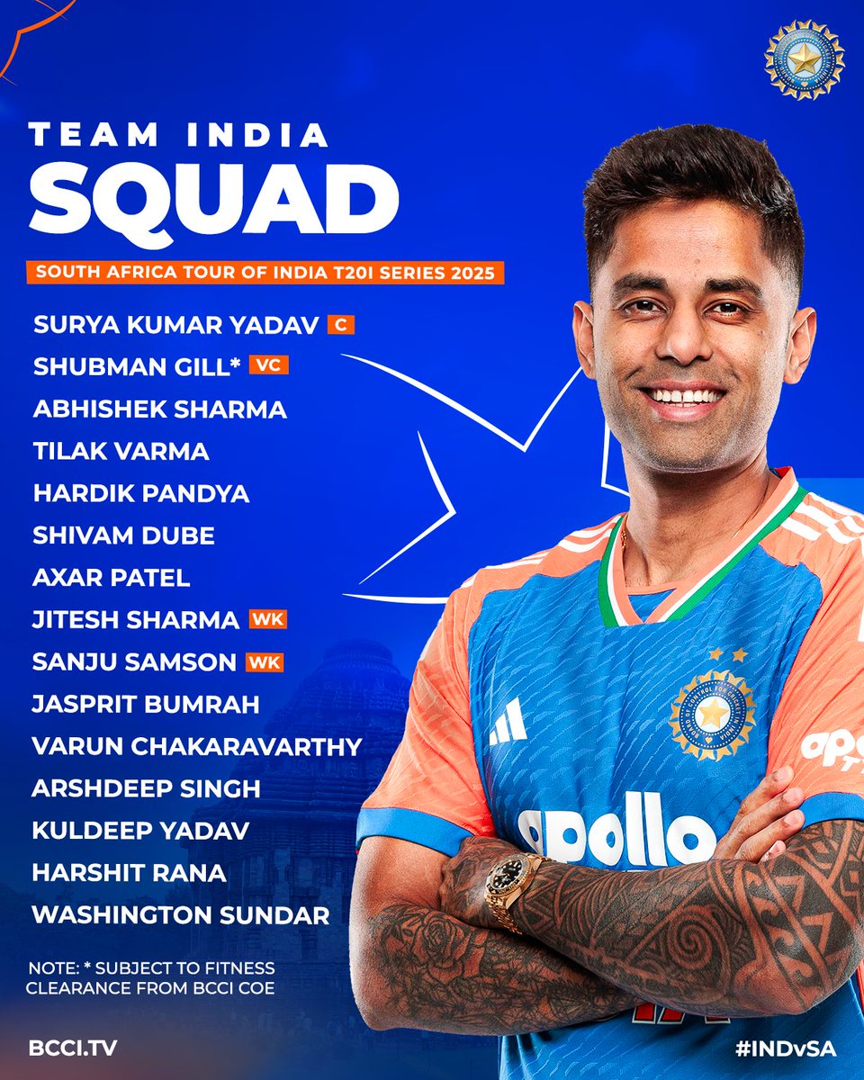 BCCI's tweet image. 🚨 NEWS 🚨

#TeamIndia&apos;s squad for the 5⃣-match T20I series against South Africa announced.

Details ▶️ bcci.tv/articles/2025/… 

#INDvSA | @IDFCFIRSTBank