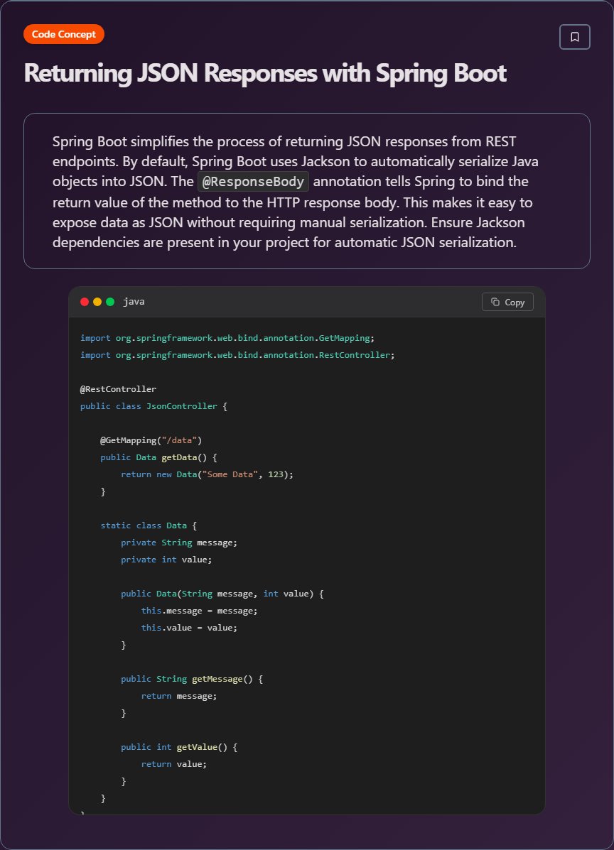 techielearns's tweet image. ✨ Returning JSON Responses with Spring Boot (Java)

#Java #JavaDev #OOP #Backend #100DaysOfCode #DevLife