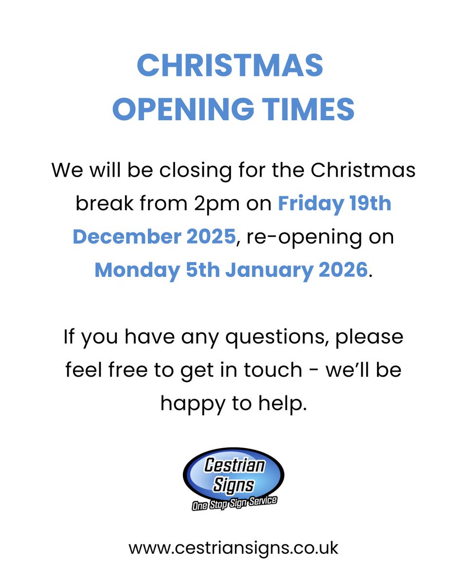 *CHRISTMAS OPENING TIMES*

We will be closing for the Christmas break from 2pm on Friday 19th December 2025, re-opening on Monday 5th January 2026.

If you have any questions, please feel free to get in touch - we’ll be happy to help.