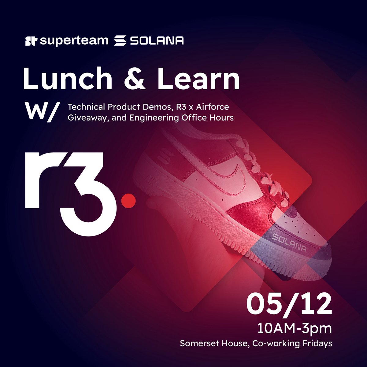 SuperteamUK's tweet image. This Friday. Somerset House.
@inside_r3 is running an exclusive builder lunch &amp;amp; learn with product demos and 1:1 time with their engineers.

Plus @Solana x R3 AirForces giveaways 👀 

Full details: luma.com/R3-Superteam-L…