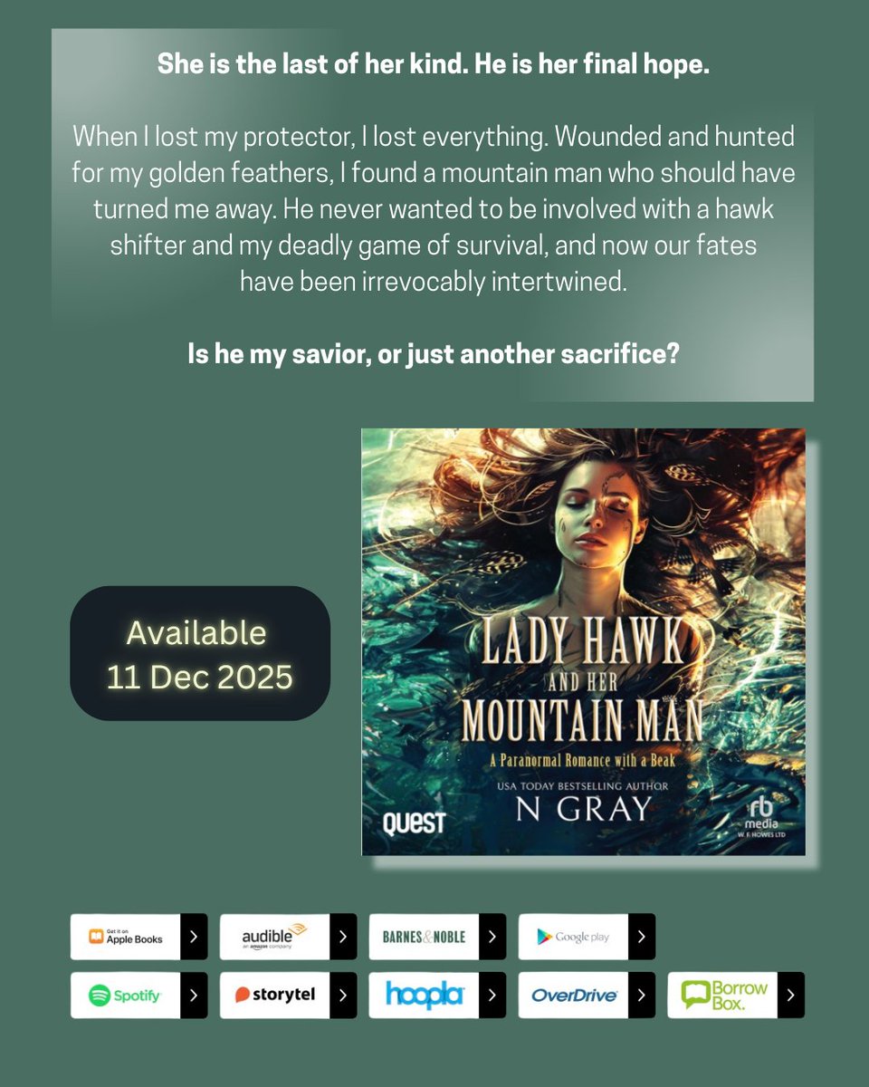 🚨Soon you can listen to Jane's story. Lady Hawk and her Mountain Man out in audiobook 11 December 2025 🎧📖

rbmediaglobal.com/audiobook/9781…

#audiobookstagram  #ngray #audiobook #audiobookmonth #paranormalromance
