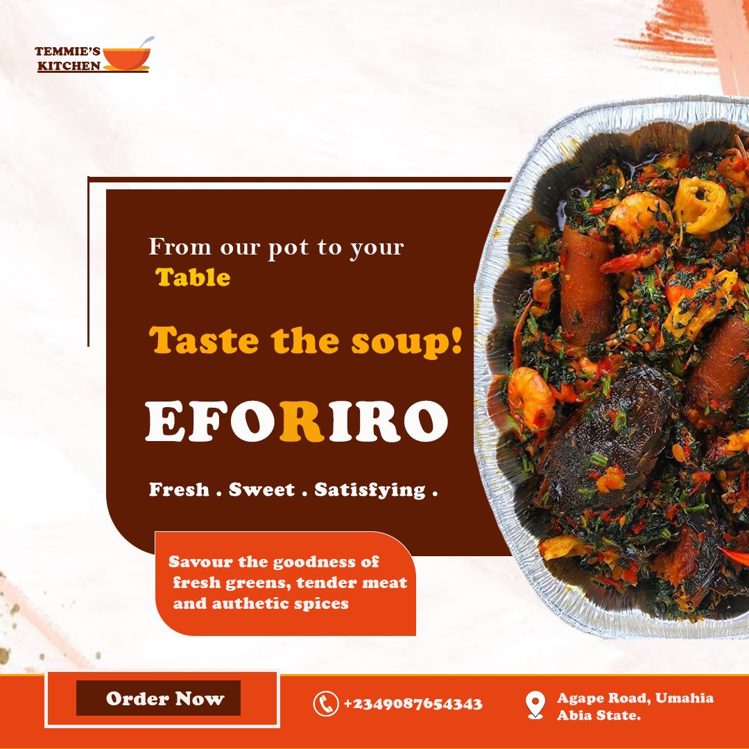 ErioluwaAdewusi's tweet image. I&apos;m excited to share the first design in my design challenge! 🎨

This is a social media concept for a food brand specializing in Eforiro soup.
I focused on vibrant colors and a clear layout to bring the brand to life.

#GraphicsDesign #GraphicDesigner
#dailydesign