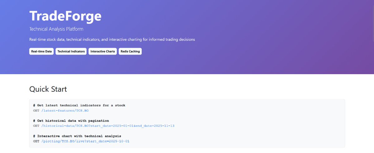 RajNair06's tweet image. Yo . Just shipped TradeForge , a technical analysis platform that I&apos;ve built with FastAPI. It pulls real-time stock data , calculates moving averages ( 5 days to even 200days) and gives you interactive charts . 
Check it out at : …adeforgeweb-production.up.railway.app

More info below