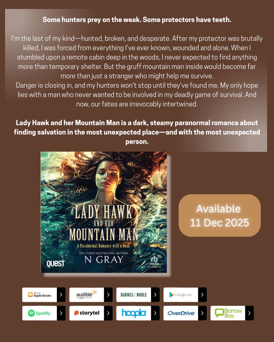 🚨Soon you can listen to Jane's story. 

Lady Hawk and her Mountain Man out in audiobook 11 December 2025 🎧📖

rbmediaglobal.com/audiobook/9781…

#audiobookstagram #ngray #audiobook #audiobookmonth #paranormalromance