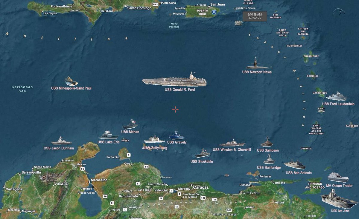 SprintMediaNews's tweet image. Location of the US Navy fleet along the coast of Venezuela.

⭕️If Venezuela falls, oil will no longer be significant for Iran, Saudi Arabia, or the entire Middle East for the West.

⭕️After that, the Middle East will simply be set on fire to destroy the region and to block energy…