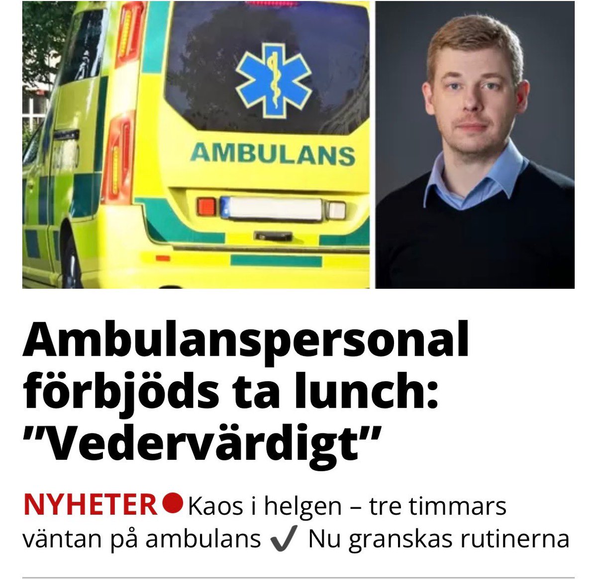 I helgen fick stockholmarna vänta tre timmar på ambulans. Ambulansförarna i sin tur fick ingen lunch. Socialdemokraternas ambulanskris fortsätter. Deras undflyende styre är ovärdigt Region Stockholm. mitti.se/nyheter/ambula…