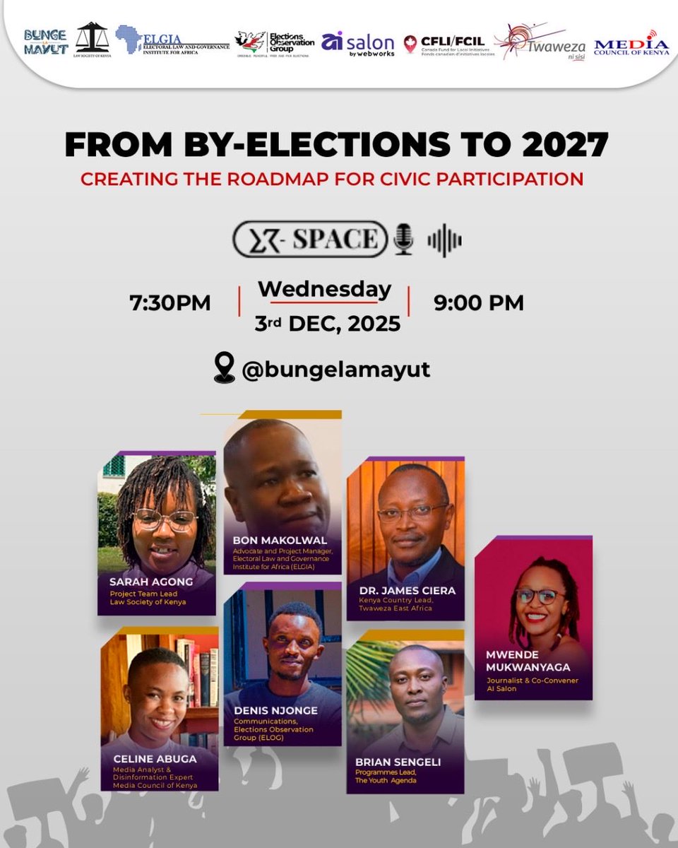 youthagenda254's tweet photo. Join us tonight on X-Space as our Programmes Officer, @SengeliBrian , joins other experts to unpack lessons from the by-elections and chart a clear roadmap toward meaningful civic participation ahead of 2027.
@BungeLaMayut
#MakingTheYouthFactorCount https://t.co/kAZY3tc636