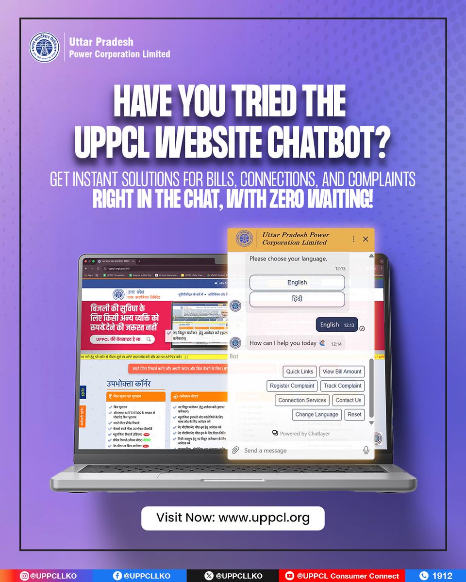 pvvnlhapur's tweet photo. Access bill details, connection services, and complaint solutions in minutes with the UPPCL Website Chatbot! #ChatbotServices
@CMOfficeUP
@EMofficeUP
@aksharmaBharat
@mduppcl https://t.co/cfrF3cg7zY