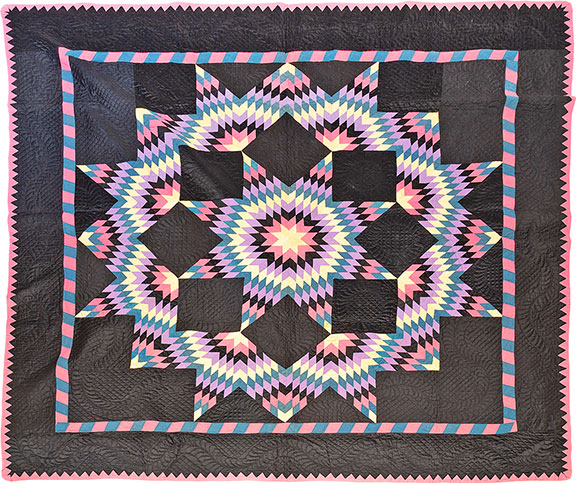 AntiqueDigest's tweet image. Broken Star quilt, Amish, made by Katie M. Yoder, Baltic, Holmes County, Ohio, 1925-30, cotton, pastels on a black ground, pink sawtooth border, 79&quot; square, stains to the back, sold for $6150 (e $400/800) by Amelia Jeffers maineantiquedigest.com/stories/great-… #antiques #antique #quilt #quilts