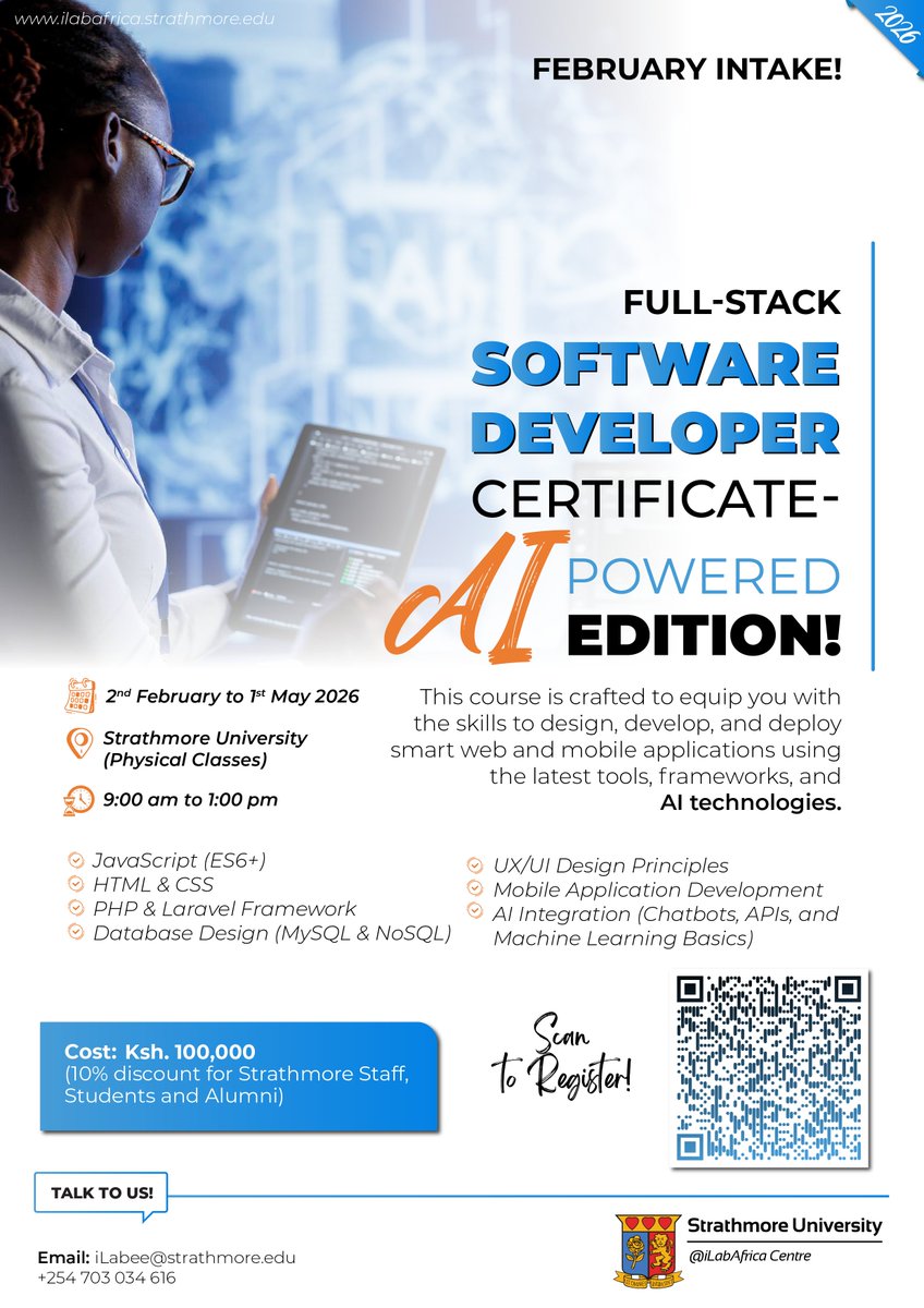 iLabAfrica's tweet image. FEBRUARY INTAKE 🚀
Become a #fullstacksoftwaredeveloper with #AIpowered skills.

Learn JavaScript, Laravel, UX/UI, mobile dev, and AI integration (chatbots, APIs &amp;amp; ML basics), all hands-on.

📅 2 Feb – 1 May
📍 Strathmore University

Apply: ilabafrica.strathmore.edu/full-stack-sof…

#LearnToCode