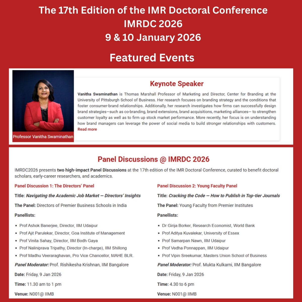 IMR_IIMB's tweet photo. 𝗜𝗠𝗥𝗗𝗖 𝟮𝟬𝟮𝟲, 𝟵 &amp; 𝟭𝟬 𝗝𝗮𝗻𝘂𝗮𝗿𝘆 𝟮𝟬𝟮𝟲
We invite interested faculty, doctoral students, researchers, and practitioners from affiliated fields to register at IMRDC 2026. To register: https://t.co/QVuKlZ2CTZ https://t.co/4ZcUwcTRaB