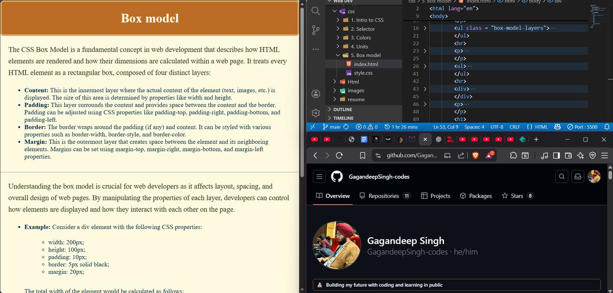 Gagan_singh2486's tweet image. Today I explored one of the core concepts of CSS — the Box Model 📦✨
Understanding how content, padding, border, and margin work together helps in building cleaner layouts and better UI structures 
#WebDevelopment #Frontend #FullStackJourney #LearningInPublic #DeveloperJourney