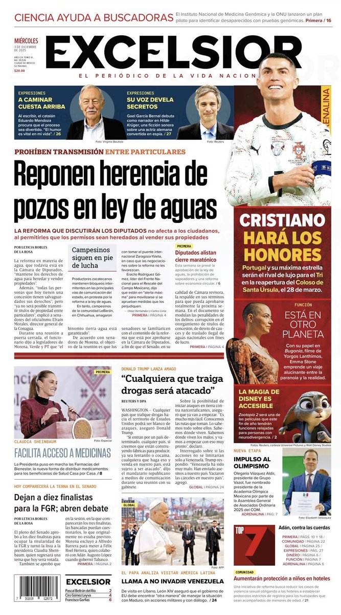 G_Casillas's tweet photo. Front pages of major newspapers in Mexico🇲🇽 - Dec 3 2025 https://t.co/ogQ4pBJTYK