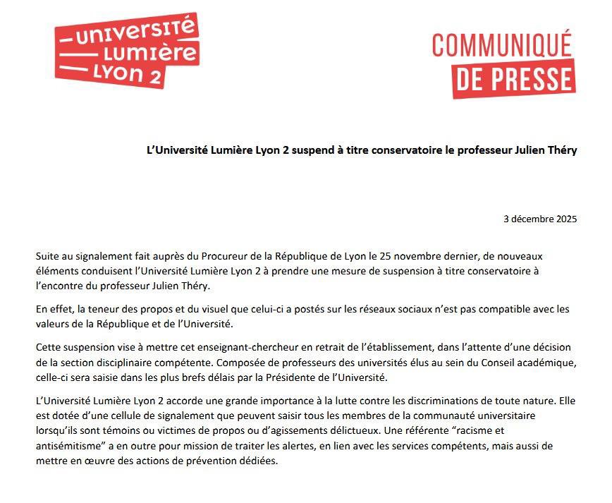 Je salue la décision de l'Université Lyon-2 Lumière qui a décidé de suspendre un enseignant-chercheur, auteur d'une liste de « génocidaires à boycotter » et qui avait également partagé une caricature d'un antisémitisme digne de la presse d’extrême-droite des années 30. De tels