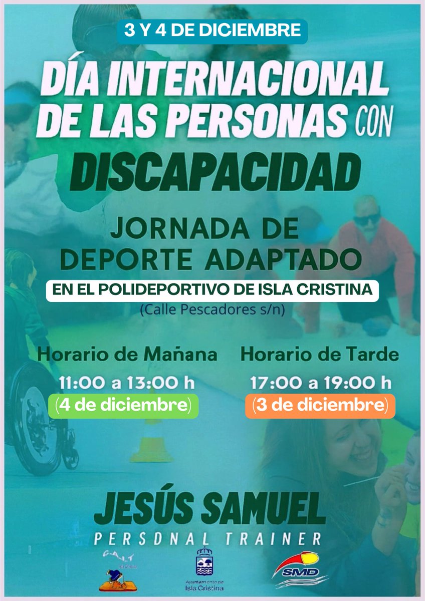 Día Internacional de las Personas con Discapacidad
#DíaDeLaDiscapacidad #InclusiónIslaCristina #IslaCristina #DiversidadYParticipación #DeporteAdaptado
Más información: islacristinaweb.org/.../isla-crist…