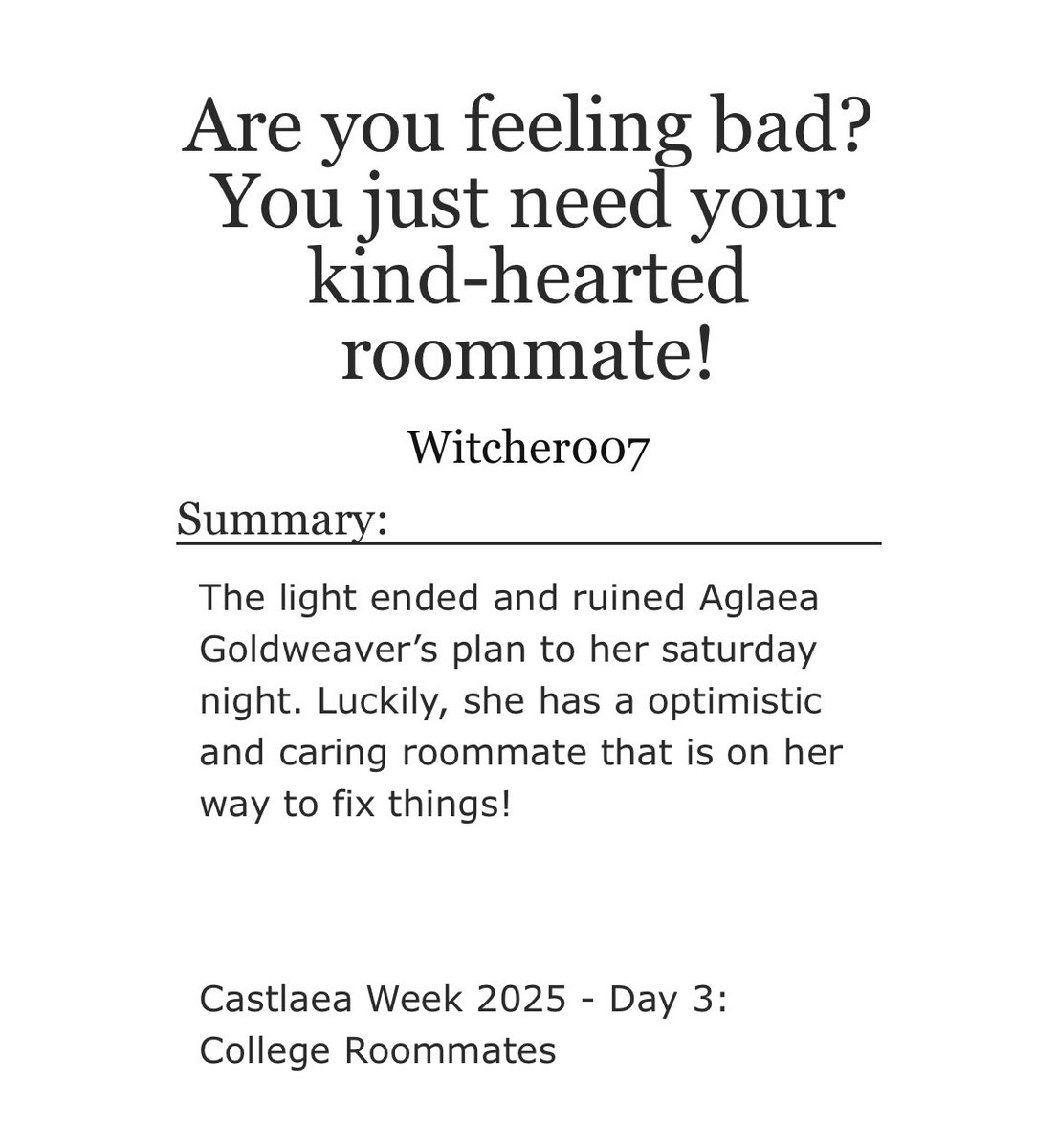 witcher0077314's tweet photo. Day 3 - College Roommates

#CastlaeaWeek2025 #castlaea

https://t.co/BBVUeh5nkw https://t.co/7sYc57Uubc