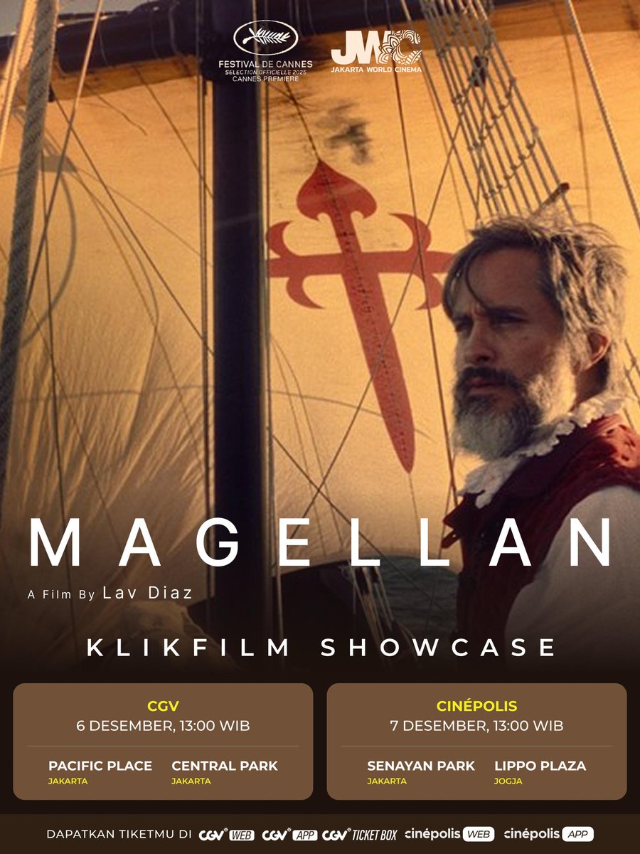 KlikFilm Showcase: MAGELLAN
Salah satu fresh lineup Jakarta World Cinema 2025, karya Lav Diaz, yang tayang perdana di Cannes Film Festival.

Mengeksplorasi kehidupan Ferdinand Magellan — penjelajah Portugis abad ke-16 — dan ekspedisinya ke Asia Tenggara. 

#KlikFilmShowcase