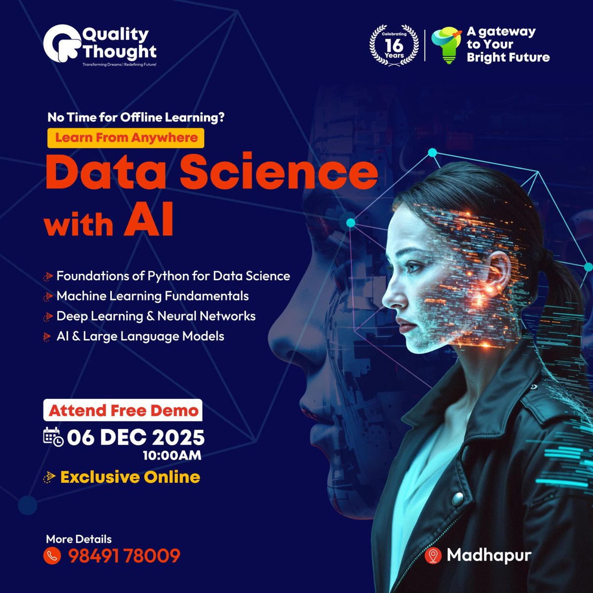 QTTWorld's tweet image. 🔥The Future Belongs to Data Science with AI—Are You Ready?
📢Don’t miss the FREE Demo on 6 Dec | 10AM.
Start your journey with Python, ML, DL &amp;amp; more.
👉Click: linktr.ee/qualitythought…
📍 Online • Madhapur
📞 98491 78009
#AICourse #DataScienceTraining #DataScience #QualityThought
