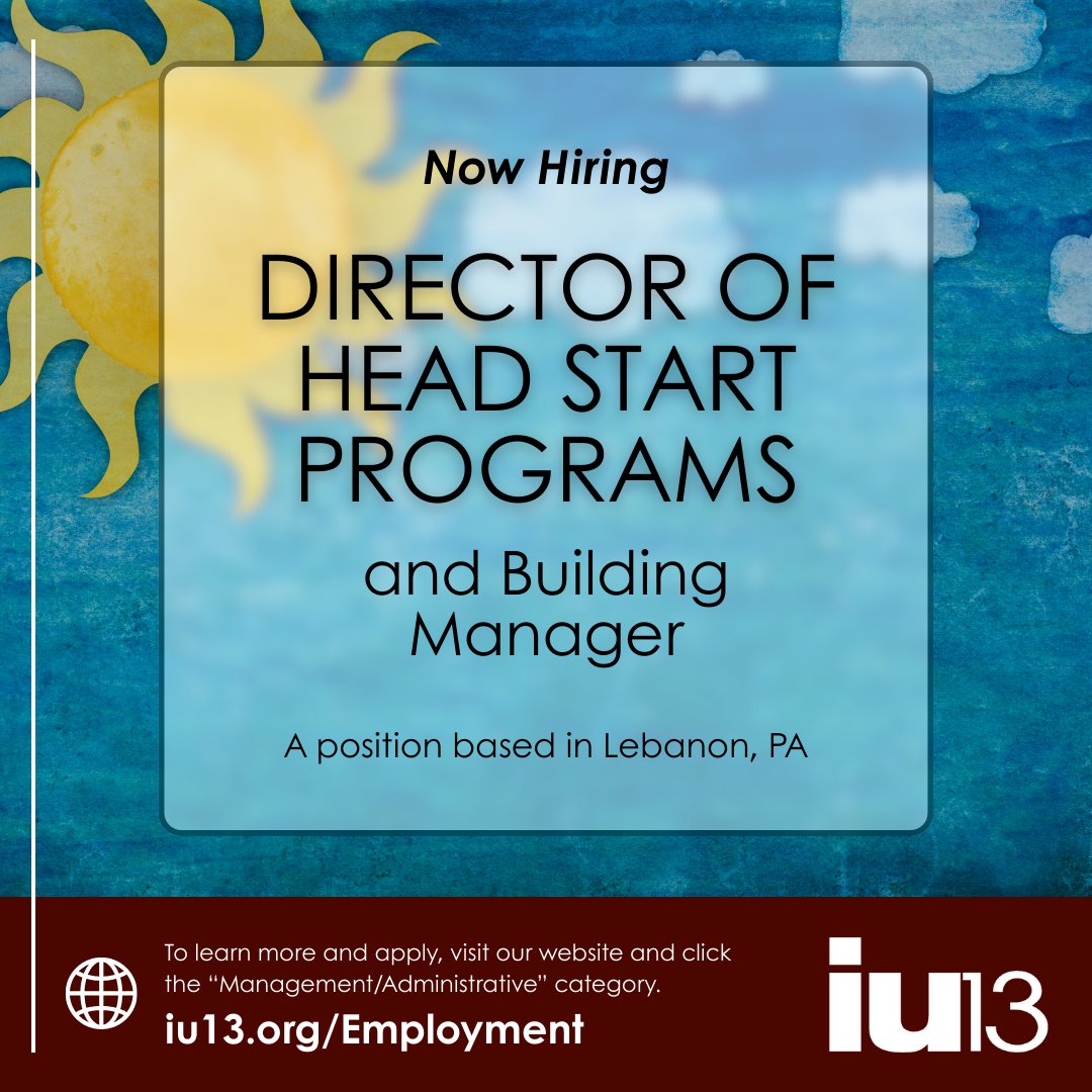 📢 We’re hiring! IU13 is looking for a Director of Head Start &amp; Building Manager to lead programs that make a difference for kids and families in Lebanon County.
Ready to join our team? Apply here: hubs.li/Q03VYP1-0