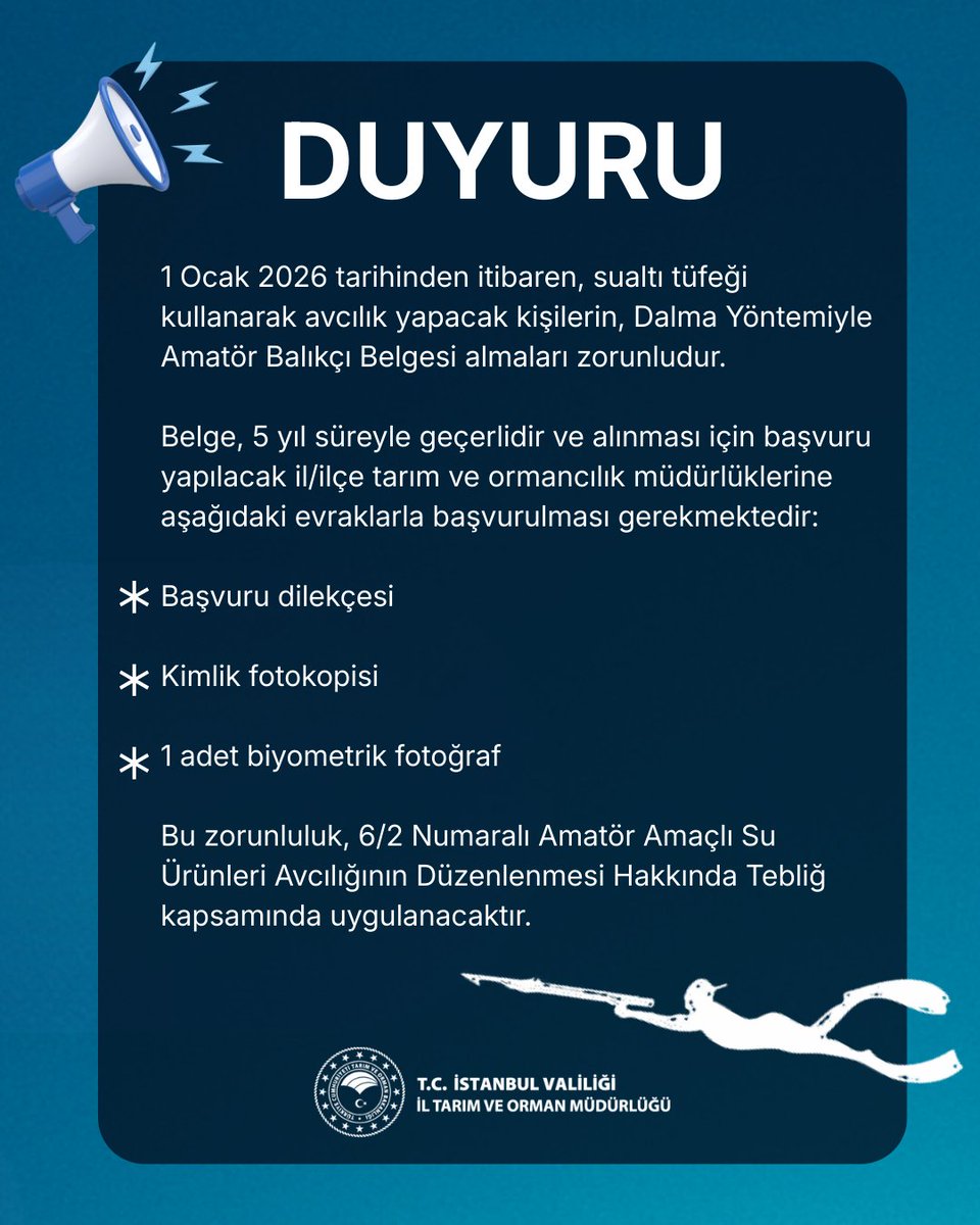 1 Ocak 2026 tarihinden itibaren, sualtı tüfeği kullanarak avcılık yapacak kişilerin, Dalma Yöntemiyle Amatör Balıkçı Belgesi almaları zorunludur.

Belge, 5 yıl süreyle geçerlidir ve alınması için başvuru yapılacak il/ilçe tarım ve ormancılık müdürlüklerine aşağıdaki evraklarla