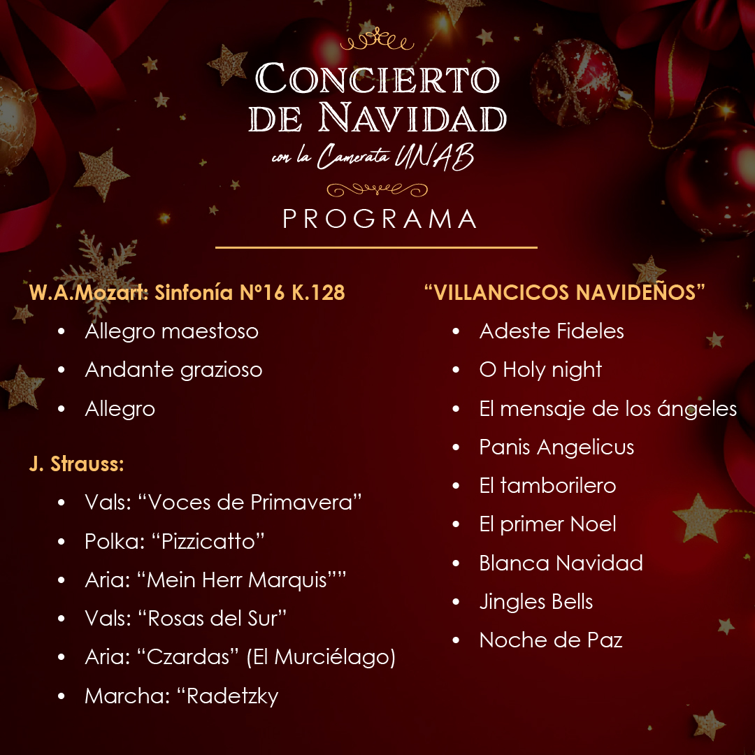 #CONCIERTO <a href="/uandresbello/">U. Andrés Bello</a> y <a href="/CulturaProvi/">Cultura Provi</a> invitan al concierto de Navidad en el #TeatroOriente interpretado por la Camerata UNAB bajo la dirección de Santiago Meza. Retiro de entradas gratuitas en ticketmaster.cl o boletería, disponibles desde hoy al mediodía. <a href="/Muni_provi/">Muniprovi</a>