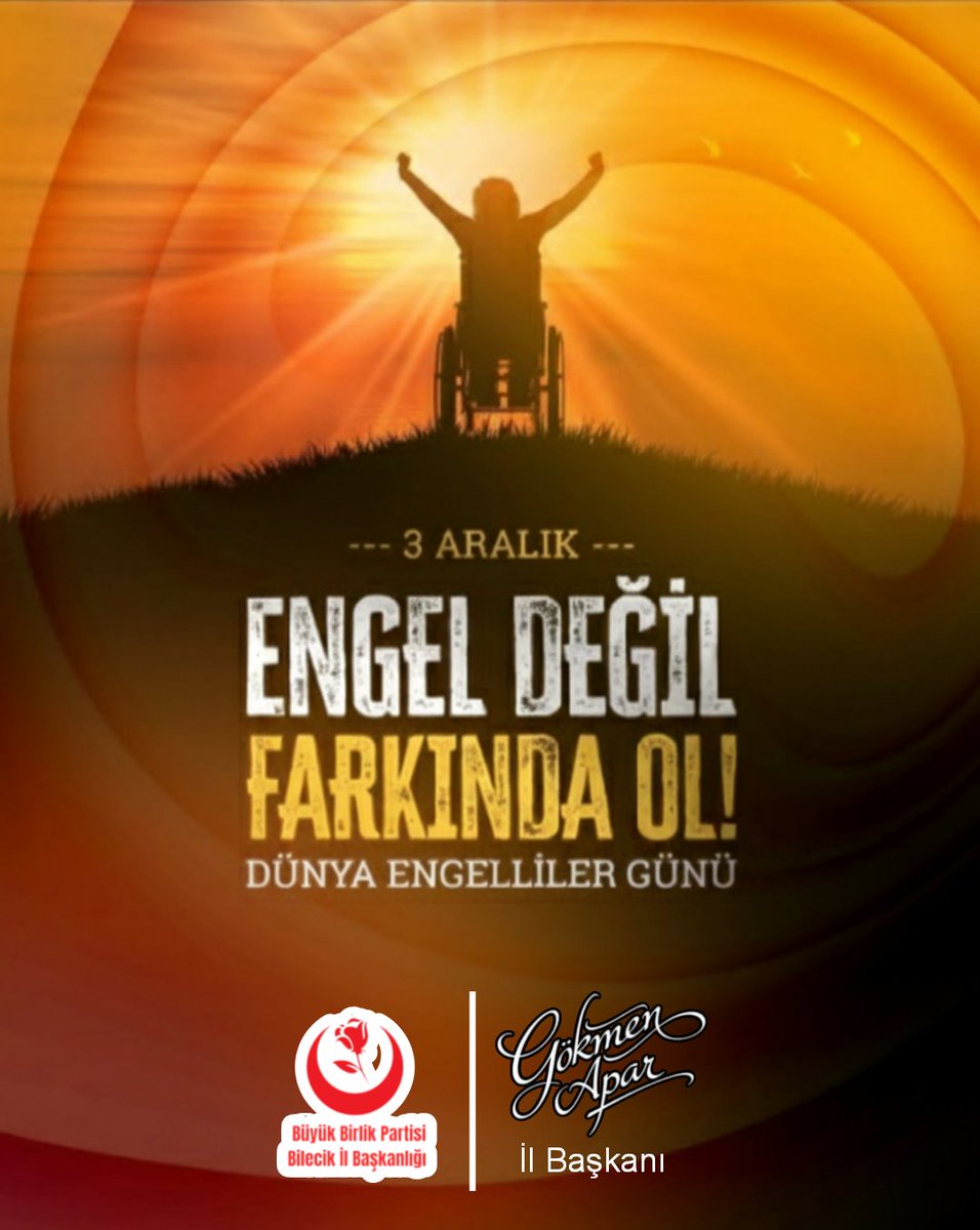 3 Aralık Dünya Engelliler Günü; eşit, erişilebilir ve engelsiz bir toplum için farkındalık günüdür. BBP Bilecik İl Başkanlığı olarak her engelli kardeşimizin sorununu kendi meselemiz görüyor, daha adil bir Bilecik için çalışıyoruz.
#BüyükBirlikPartisi #Bilecik