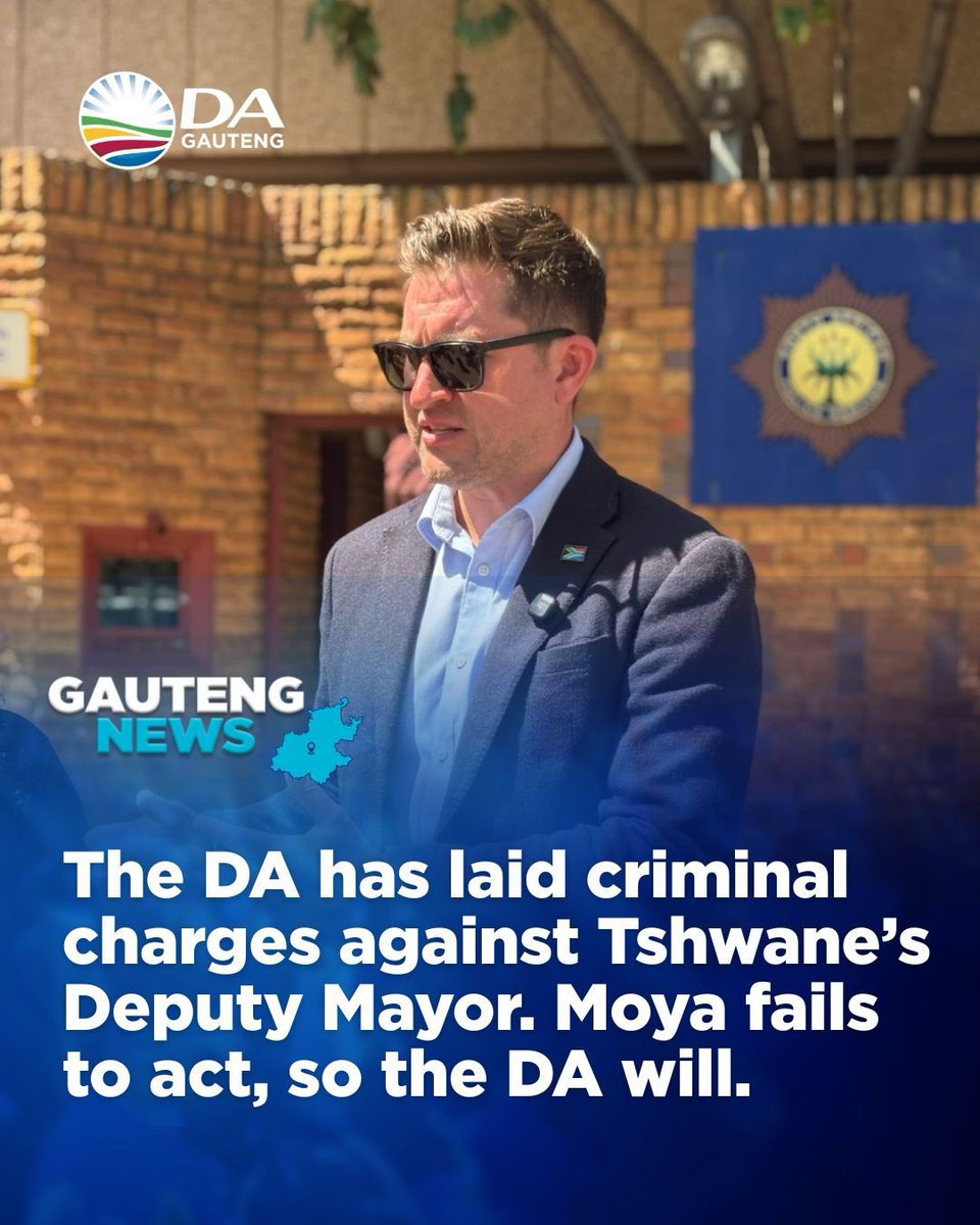 DAGauteng's tweet image. Mayor Nasiphi Moya permits the Tshwane Deputy Mayor’s misconduct through neglect, effectively condoning his unlawful behaviour through her own inaction. The DA has lodged a criminal complaint against the allegedly corrupt Tshwane Deputy Mayor. ⚖️🚨💙

Read more here:…