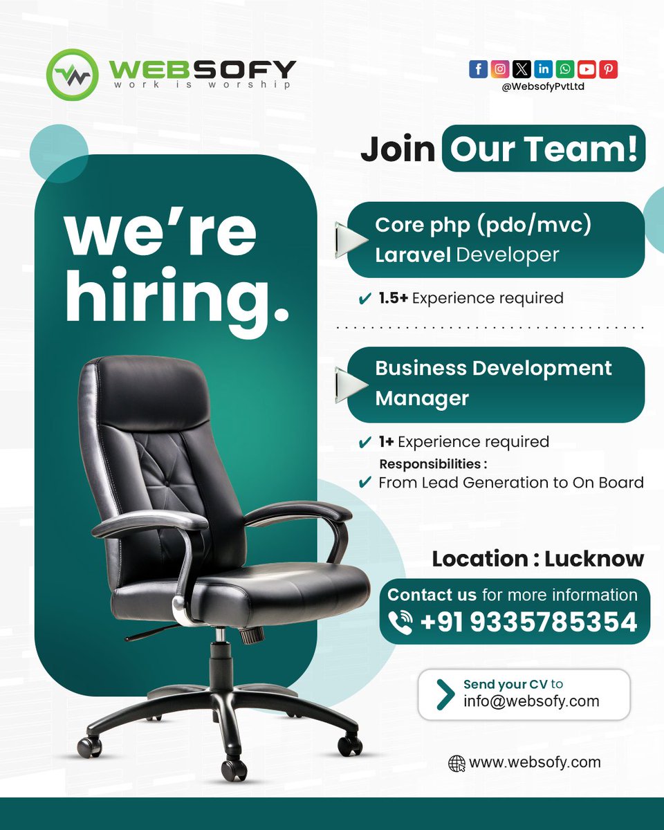 Websofypvtltd's tweet image. WebSofy is hiring in Lucknow!
Open roles:

Core PHP/Laravel Developer (1.5+ yrs)
Business Development Manager (1+ yrs)

📧 info@websofy.com | 
🌐 websofy.com

#Hiring #LucknowJobs #PHPDeveloper #LaravelJobs #BDM #ITJobs