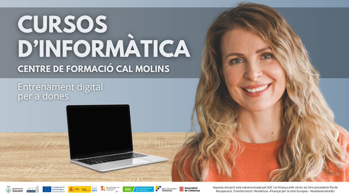 treballempresa's tweet photo. 🖥️👩📲El Centre de Formació #CalMolins ofereix 2 cursos d'iniciació a la informàtica de 40 hores, 100x100 subvencionats i adreçats a dones a l'atur i en actiu:
+INFO a https://t.co/Lux6zoN22g.
#ProgramaADA #FormacióMolins2026 #FormacióTIC
⬇️ https://t.co/6okyfQ0Dyo