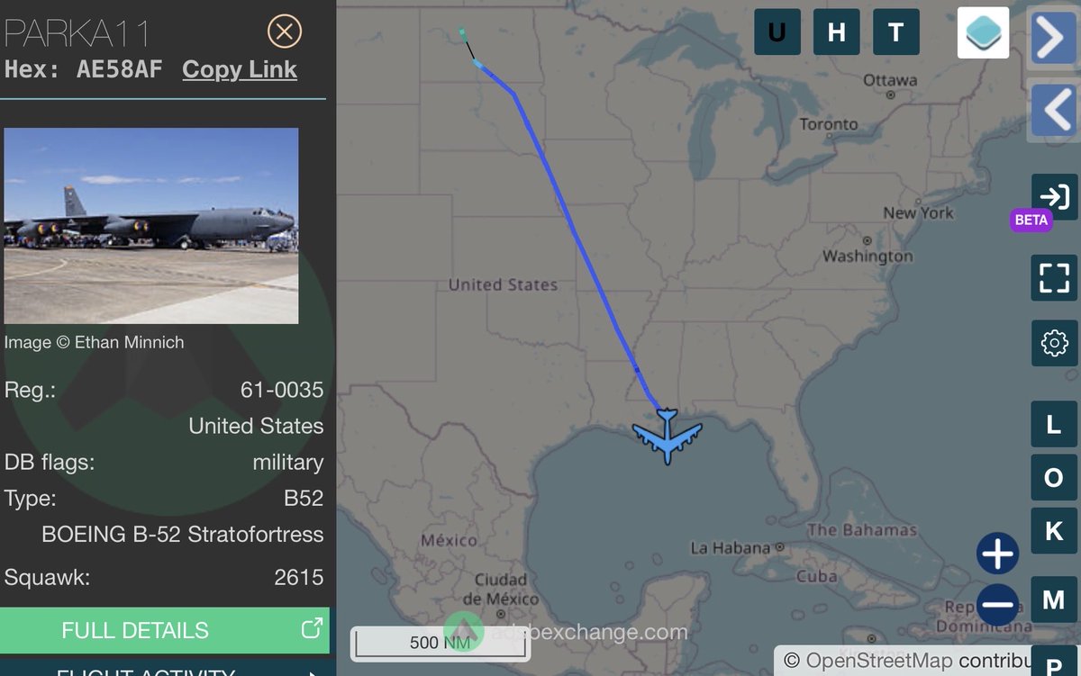 RedIntelPanda's tweet photo. B-52, 61-0035 flying as PARKA11, entered gulf waters from Minot. 

Last position ~35 minutes ago.

#AE58AF https://t.co/EUpiWwrvnT