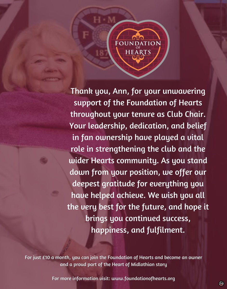 As Ann Budge stands down as club chair, we say a huge thank you, Ann, for your unwavering support for the Foundation of Hearts.