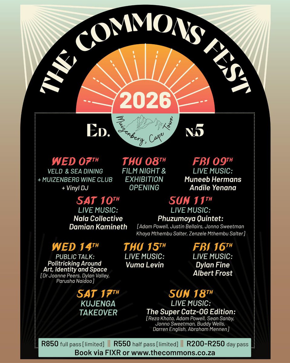 THE COMMONS FEST 2026
7 January 2026 - 18 January 2026
At The Commons Muizenberg
#musicincapetown #jazzincapetown #muizenberg
thecommons.co.za/the-commons-fe…