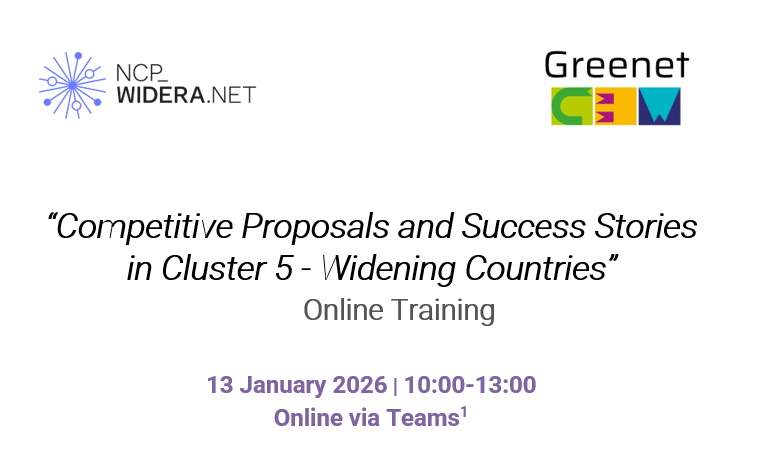 ncp_wideranet's tweet image. 📢 Join us on 13 Jan 2026 (10:00 – 13:00 CET) for the online training:
 “Competitive Proposals &amp;amp; Success Stories in Cluster 5 – #Widening Countries”
🗓 Register by 10 Jan: forms.office.com/e/UVGKjfiHR7
Organised by @ncp_wideranet &amp;amp; @NCP_GREENET