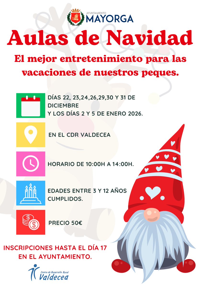 Vuelve el mejor entretenimiento para los peques en las Navidades.

Aulas de Navidad 2025/26

Puedes inscribirlos hasta el día 17 de diciembre.

#EnNavidadEnMayorga