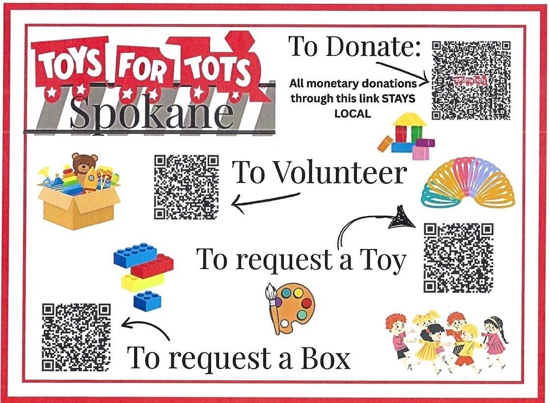 TW_Truth's tweet image. 🎁 Spokane, let’s step up - Toys for Tots is rolling — and everything stays LOCAL.
✅ Want to donate?
✅ Want to volunteer?
✅ Need to request a toy or box?
📲 Scan the QR codes in the image and make it happen.
No fluff. Just real impact for local kids.
#ToysForTots #Spokane…