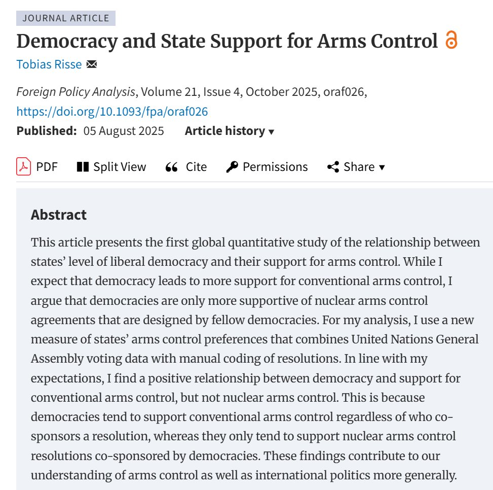 Risse (2025) shows that democracies consistently back conventional arms control but support nuclear arms control only when the initiatives are led by fellow democracies.
academic.oup.com/fpa/article/21…