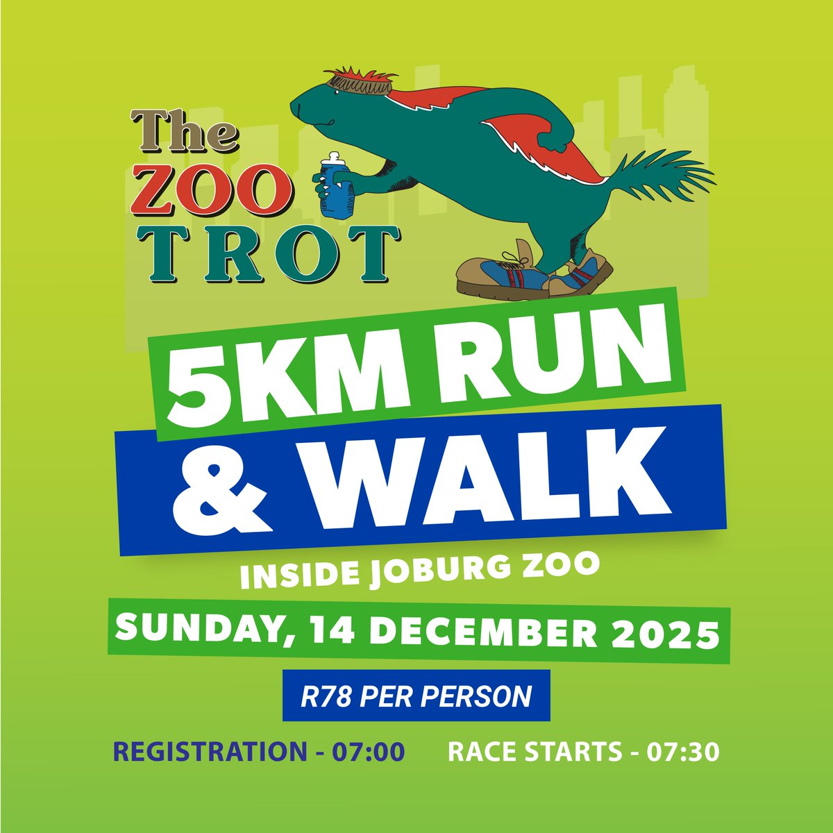 JoburgParksZoo's tweet photo. Lace up your running shoes and join us for another fun installment of the #zootrot

Beat the queue and pre-buy your tickets @webticketsSA 

@CityofJoburgZA @JCPZMendrew 
#Funwalk #explorejoburg #zootrot #joburgzoo #HealthisWealth https://t.co/UidfSyu41M
