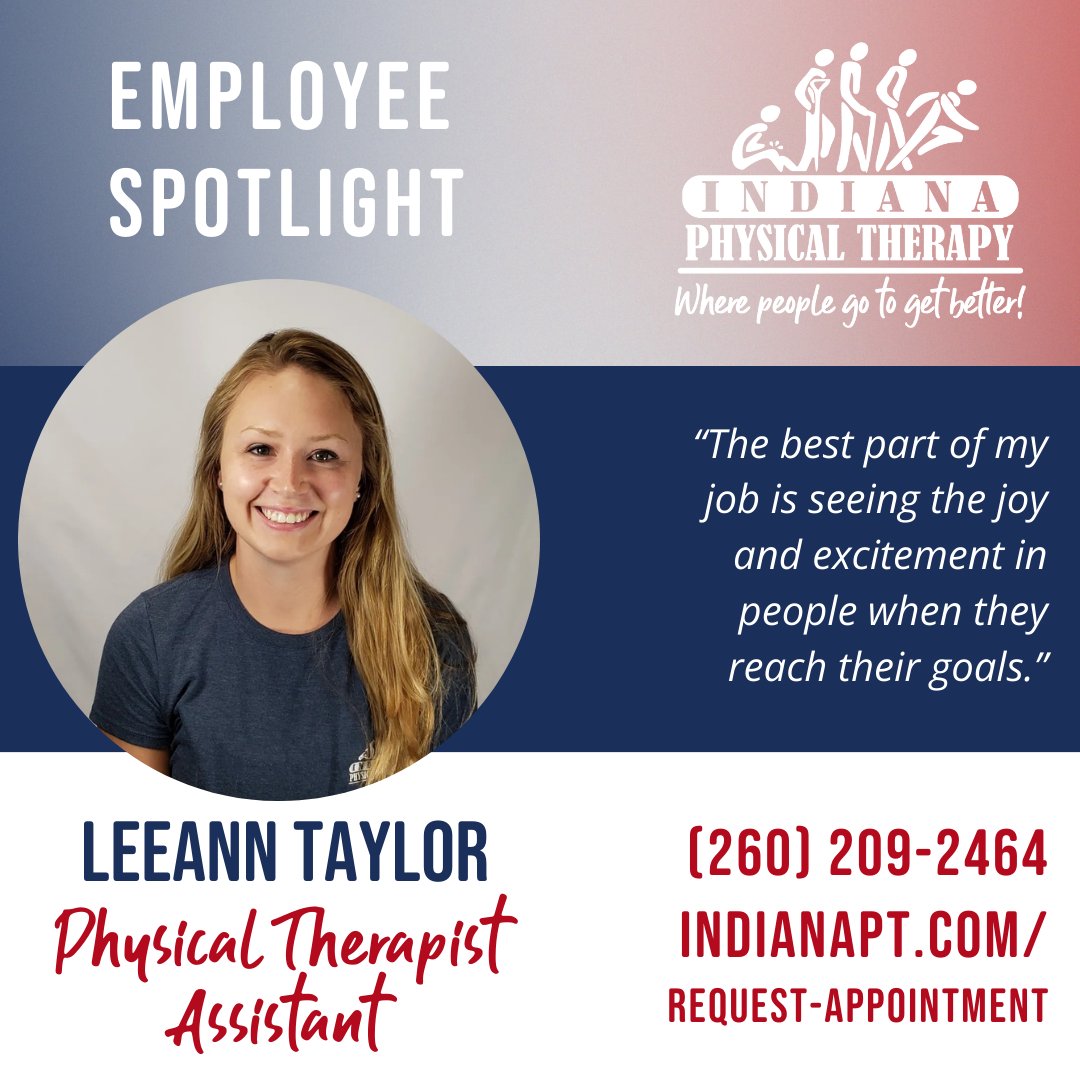 Indianapt's tweet image. Employee Spotlight: LeeAnn Taylor, PTA, at IPT North Clinton 🌟

Her interest in PT began after experiencing PT firsthand for sports injuries. That experience sparked her passion for helping others reach their goals &amp;amp; regain confidence.

We’re grateful to have her on the team! 👏