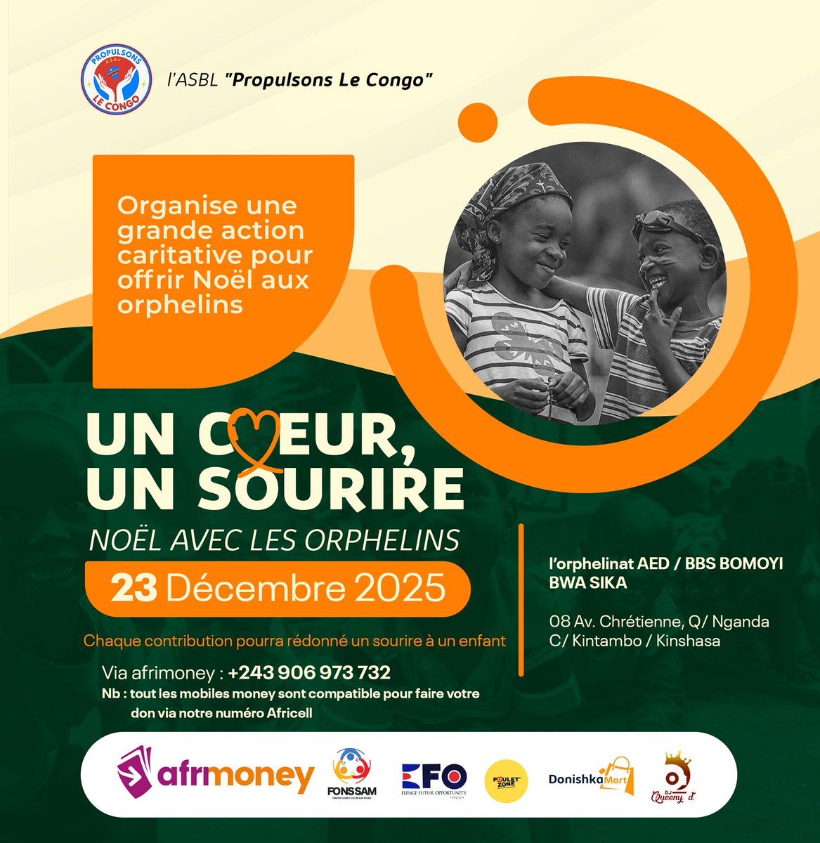 propulsons_le's tweet photo. Le 23 décembre 2025, Propulsons le Congo organise une œuvre caritative à l’orphelinat AED / BBS Bomoyi Bwa Sika pour offrir un Noël digne aux enfants défavorisés.
Chaque geste compte.
Ensemble, donnons un sourire. 
->vos dons 0906973732 afrimoney
#NoëlSolidaire #ActionCaritative https://t.co/LXs4N1OEU6