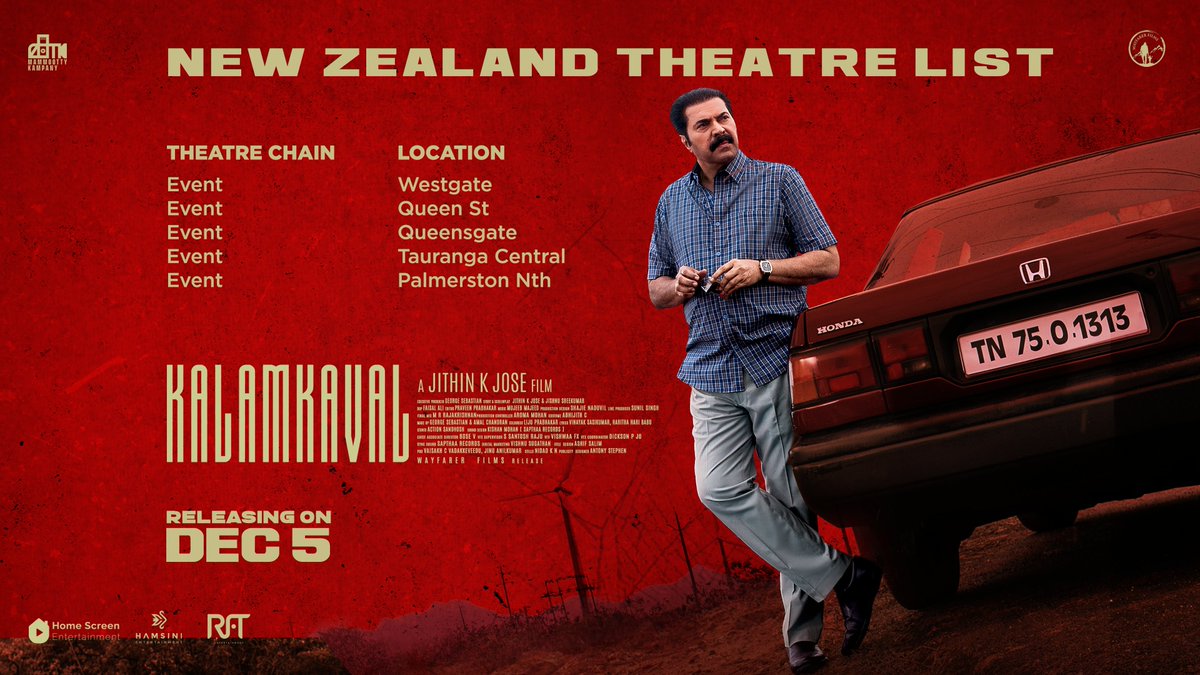 From the lanes of Kottayikonam to the big screens of New Zealand! 🔥
#Kalamkaval releasing this December 5 across New Zealand theatres. Here’s the theatre list!

#Kalamkaval In Cinemas from December 5

#Mammootty <a href="/mammukka/">Mammootty</a> #Vinayakan #MammoottyKampany #JithinKJose #WayfarerFilms