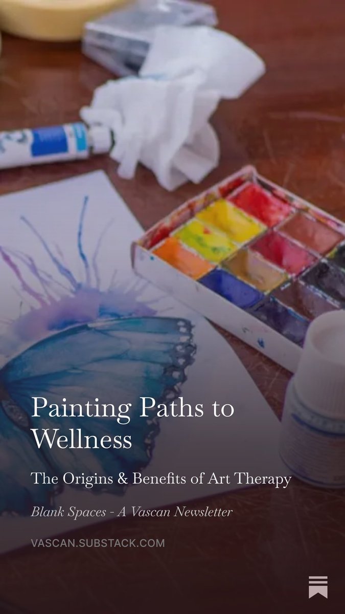 Vascan_io's tweet image. Art is more than creativity — it’s therapy.
In this edition of Blank Spaces, we explore the history of art therapy, its techniques, and its benefits.

Read here: open.substack.com/pub/vascan/p/p…

#BlankSpaces #Vascan #ArtTherapy #HealingThroughArt #CreativeWellness #ArtHeals