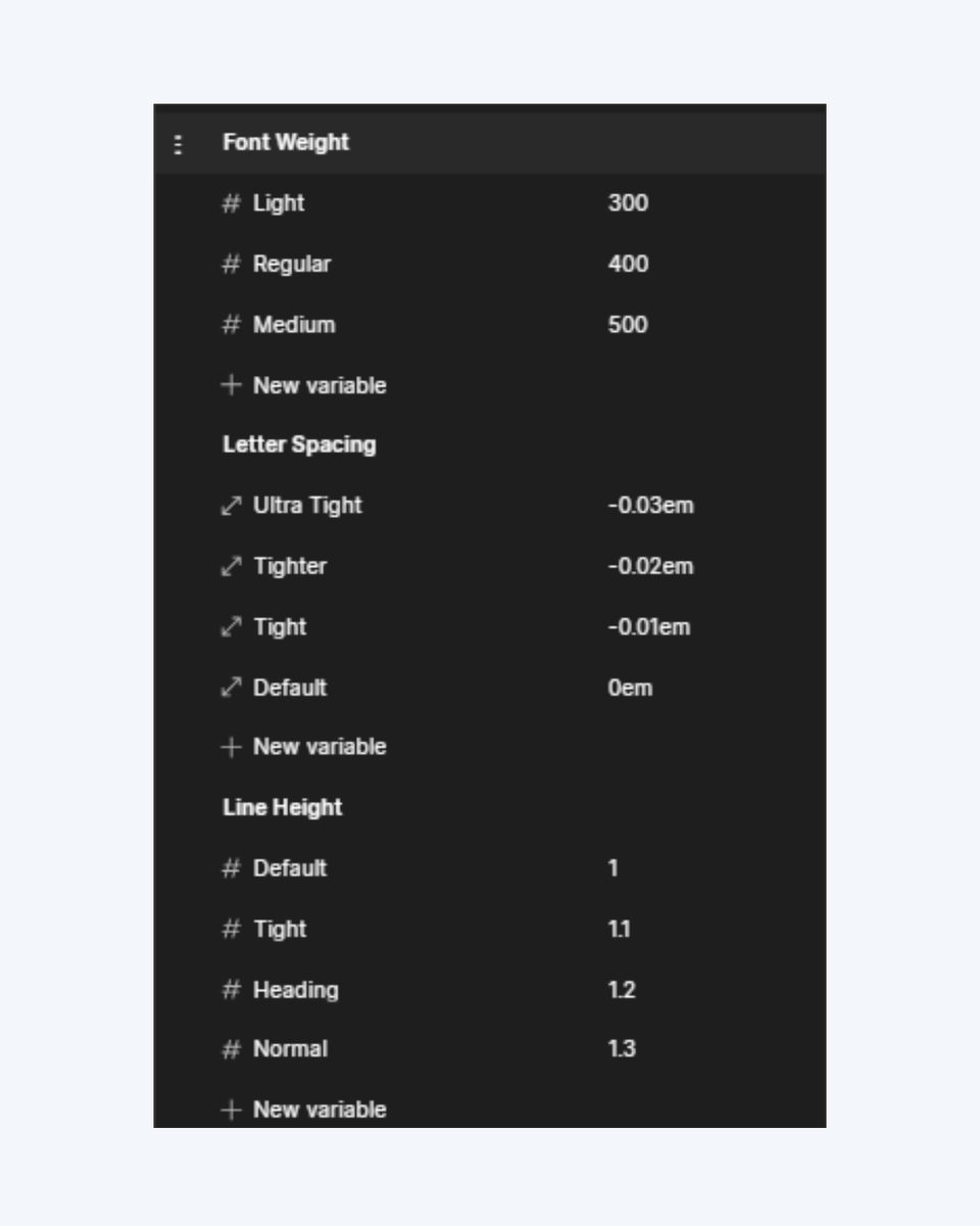 uzodev's tweet image. This is how I set up typography variables on every Webflow project.

I set these up at the start of every project. Font weights, letter spacing, line heights, font sizes, etc. All stored as variables instead of random values scattered across the site.