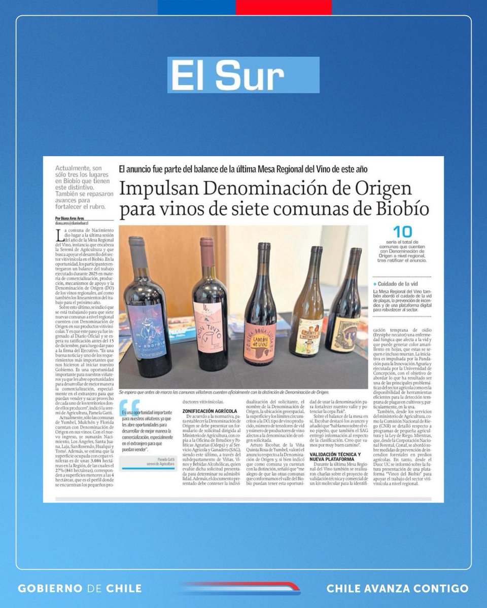 🗞️ | 𝐏𝐑𝐄𝐍𝐒𝐀

📰Impulsan Denominación de Origen para vinos de siete comunas de la región del Biobío, informa <a href="/elsurcl/">Diario El Sur</a>.

💁🏻‍♀️La seremi Pamela Gatti destacó que la medida, anunciada en la Mesa Regional del Vino, busca fortalecer la identidad de los vinos regionales🍷.