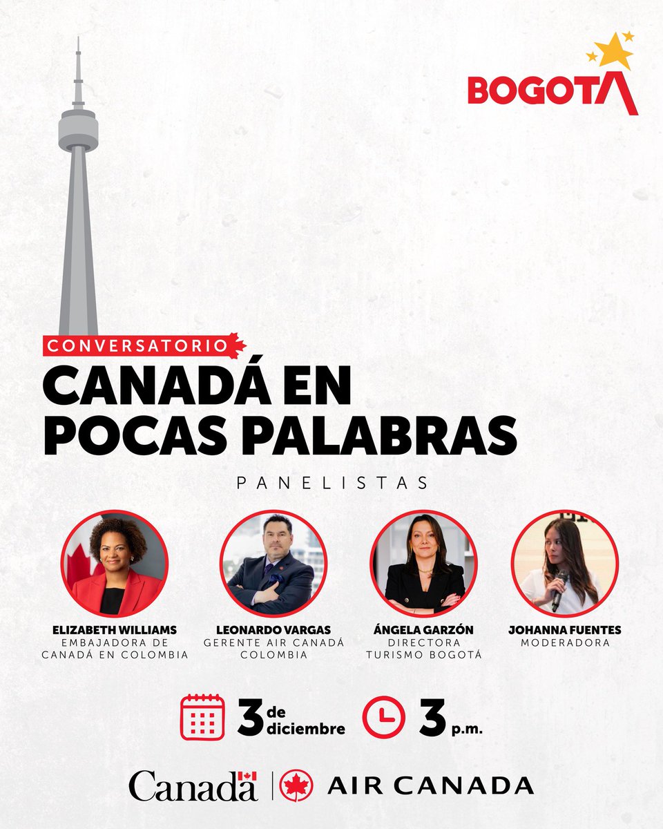 #Hoy tenemos una cita para hablar de turismo multidestino✈️

Esta tarde, la directora <a href="/angelagarzonc/">Angela Garzón</a> participará en “Canadá en pocas palabras”, un espacio junto a <a href="/AirCanadaLatAm/">Air Canada LatAm</a> y la <a href="/CanadayColombia/">Canadá en Colombia</a> para hablar sobre economía, turismo y cooperación bilateral.